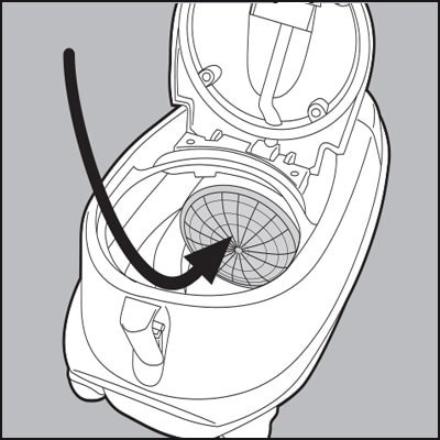 Replace foam filter on motor and snap plastic filter cover in place.